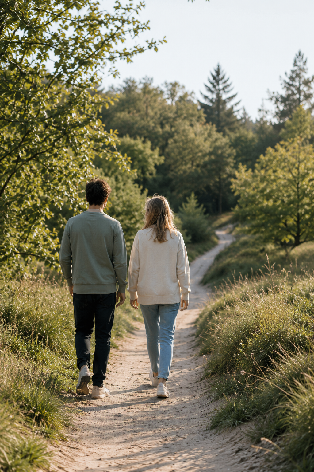 Twee mensen wandelen samen op een zonnig bospad